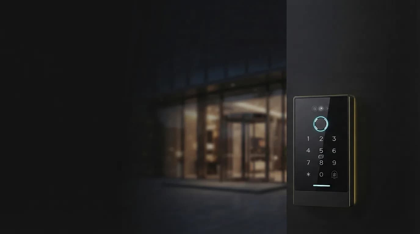 Control de acceso digital compatible con Bellify instalado en la entrada de un edificio: teclado táctil, lector de huella y tarjeta.