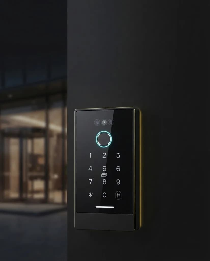 Control de acceso digital compatible con Bellify instalado en la entrada de un edificio: teclado táctil, lector de huella y tarjeta.